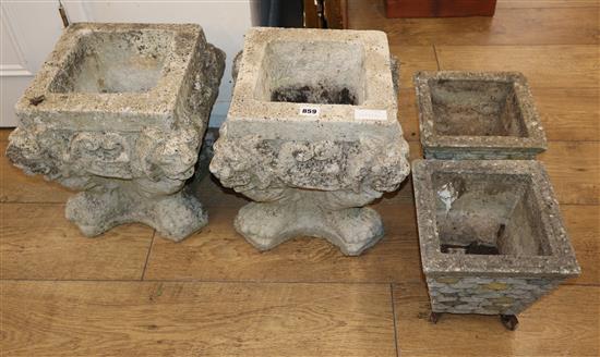 Two pairs of reconstituted stone garden planters and two lion pots square Larger 34cm high